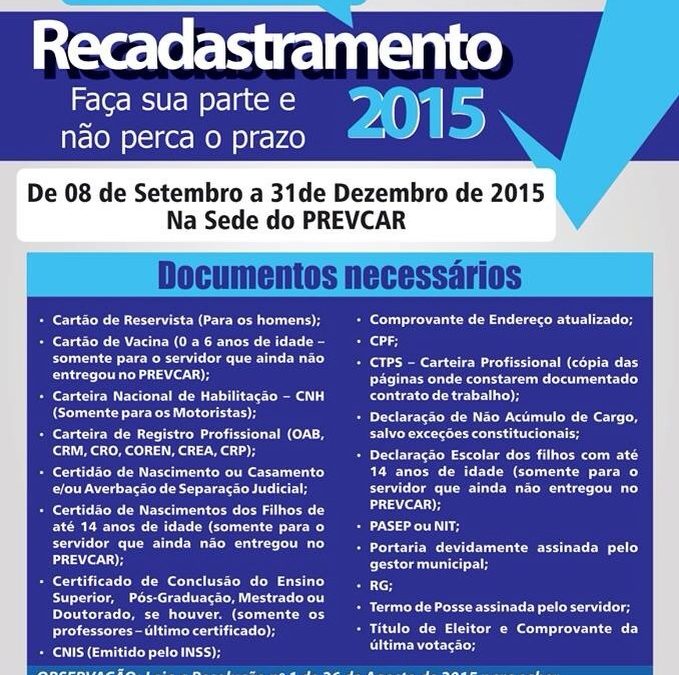 Recadastramento 2015 – De 08/09 á 31/12/2015