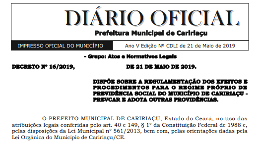 Decreto Nº 16/2019 – Regulamentação dos efeitos e procedimentos para o PREVICAR